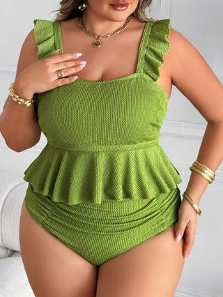 SHEIN CURVE+ ملابس سباحة خضراء مقاس كبير للسيدات، طقم بكيني متموج جذاب بفتحة رقبة علوية