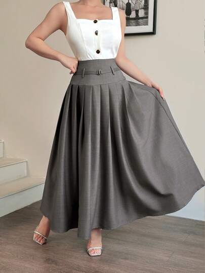 Modelyn العيد تنورة كورية عالية الخصر ذات لون أحادي الفاخرة على شكل مظلة للنساء