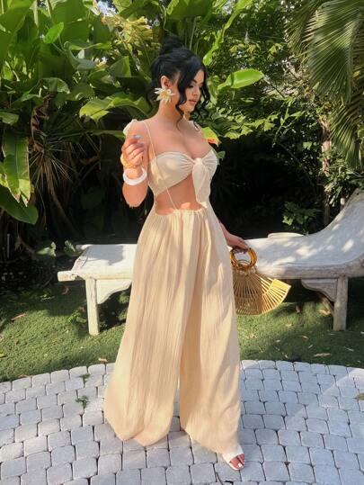 SHEIN SXY ملابس نسائية قطعتين للارتداء اليومي، أزياء عطلة الجزيرة، أزياء شاطئية للمرأة، أزياء عطلة للمرأة، مجموعة قطعتين للعطلات، جذاب، صيفي أوروبي، ملابس علوية مربوطة من الأمام، أزياء إيبيزا، مجموعات للنساء، أطقم متناسقة للنساء، مجموعات صيفية نسائية، قطع