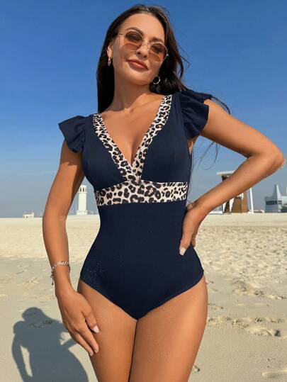 مايوه حريمي قطعة واحدة Swim فستان نسائي كامل الطول بياقة V عميقة وبلا أكمام بطبعة النمر، موضة صيفية