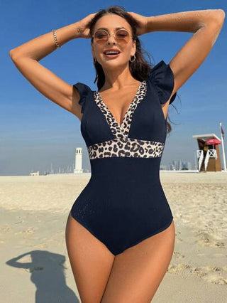 مايوه حريمي قطعة واحدة Swim فستان نسائي كامل الطول بياقة V عميقة وبلا أكمام بطبعة النمر، موضة صيفية