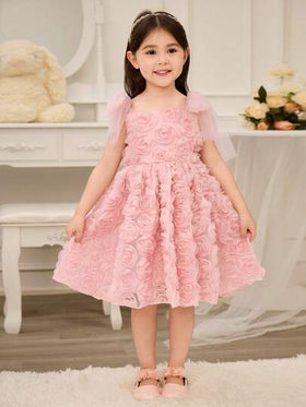 Glamorique Kids فستان حفلة أنيق للفتاة الشاب زخرفة نباتية 3D عقدة الأكتاف