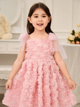 Glamorique Kids فستان حفلة أنيق للفتاة الشاب زخرفة نباتية 3D عقدة الأكتاف