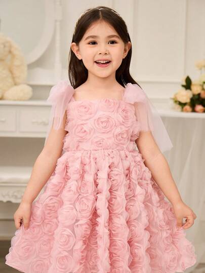 Glamorique Kids فستان حفلة أنيق للفتاة الشاب زخرفة نباتية 3D عقدة الأكتاف