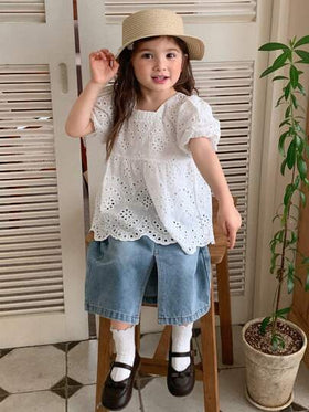 DAZY مجموعة فتاة شابة تتكون من ملابس علوية بياقة وأكمام قصيرة وبنطلون جينز صيفي، عدد القطع 2