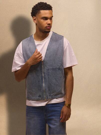 Musero جاكيت جاكيت جينز بسحاب بدون أكمام، لطراز الشارع الصيفي، عطلة، عارض