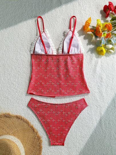 طقم تانكيني حريمي Swim Mod مجموعة بدلة سباحة من قطعتين من قماش منسوج بنمط بسيط وجميل، الجزء العلوي من نوع تانكيني والجزء السفلي من نوع V-مقطع