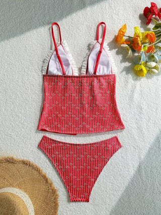 طقم تانكيني حريمي Swim Mod مجموعة بدلة سباحة من قطعتين من قماش منسوج بنمط بسيط وجميل، الجزء العلوي من نوع تانكيني والجزء السفلي من نوع V-مقطع