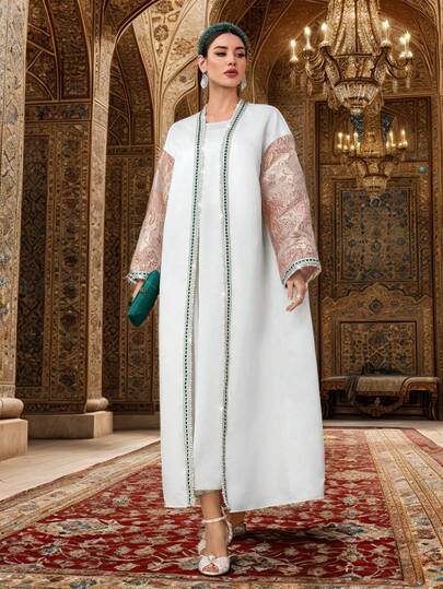 Al Najma عبايةرائعة للنساء بأكمام طويلة ذات ألوان متباينة، ثوب محتشم
