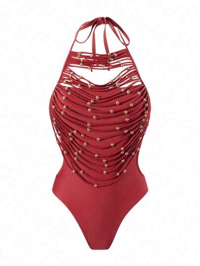 مايوه حريمي قطعة واحدة Swim Chiccia بدلة سباحة نسائية قطعة واحدة على طراز بوهو أبيض، ذات رقبة مستديرة وشكل الحلقة وأشرطة معدنية بخرز وشراريب