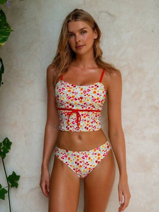 طقم تانكيني حريمي Swim Mod طقم تانكيني مطبوع بطبعات زهرية مع ملابس علوية حمالة رفيعة وجزء سفلي، مناسب للشاطئ وعطلات الصيف للنساء
