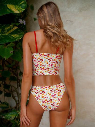 طقم تانكيني حريمي Swim Mod طقم تانكيني مطبوع بطبعات زهرية مع ملابس علوية حمالة رفيعة وجزء سفلي، مناسب للشاطئ وعطلات الصيف للنساء
