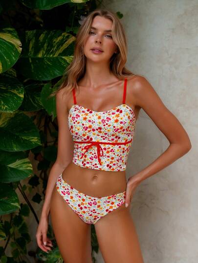طقم تانكيني حريمي Swim Mod طقم تانكيني مطبوع بطبعات زهرية مع ملابس علوية حمالة رفيعة وجزء سفلي، مناسب للشاطئ وعطلات الصيف للنساء