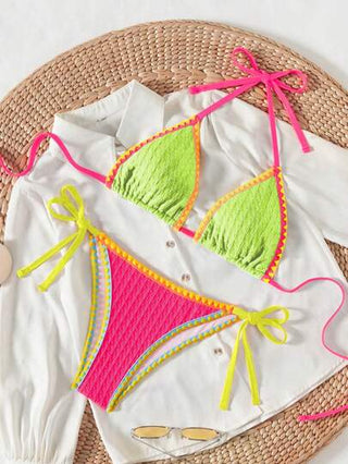 Swim SXY مجموعة بكيني للنساء لفصل الربيع والصيف، توب مع أربطة متقاطعة ملونة، وسروال مربوط من الجانبين، بيكيني بقطعتين جذاب، أزياء البوهيمي للمهرجانات