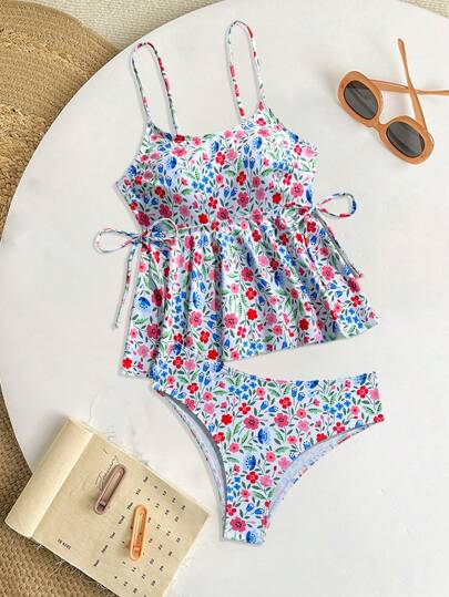 طقم تانكيني حريمي Swim طقم بكيني مزين بنقوش الأزهار، أنيق لإطلالة العطلات ووحفلات حمام السباحة