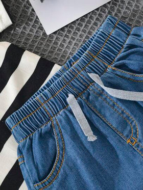 طقم قميص كريو رقبة مخطط وشورت جينز مبري للأطفال الصغار