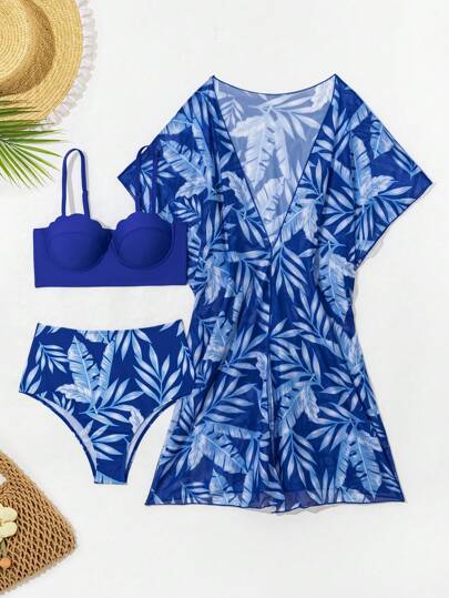 طقم تانكيني حريمي Swim Lushoire مجموعة بيكيني من 2 قطعة بتنورة مطبوعة بالأزهار وأعلى بنقشات صدفية مع ملابس علوية من الشاطئ ذو أكمام قصيرة