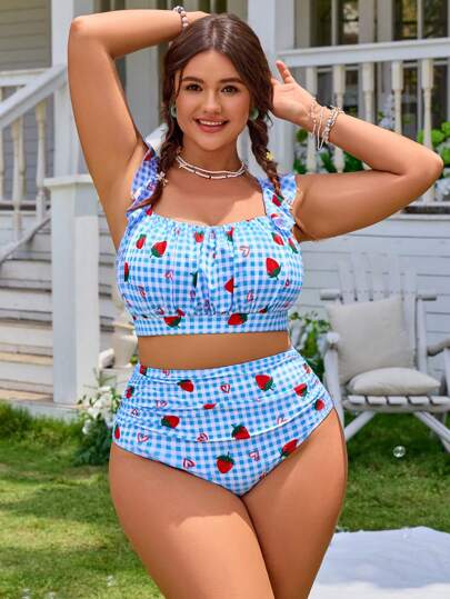 Swim Mod مجموعة بدلة السباحة للمرأة ذات الحجم الكبير بتصميم بسيط وطباعة فراولة، للاستخدام العادي في العطلات والشاطئ