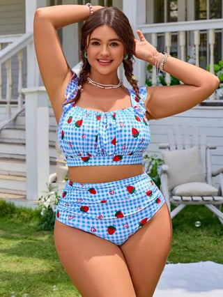 Swim Mod مجموعة بدلة السباحة للمرأة ذات الحجم الكبير بتصميم بسيط وطباعة فراولة، للاستخدام العادي في العطلات والشاطئ