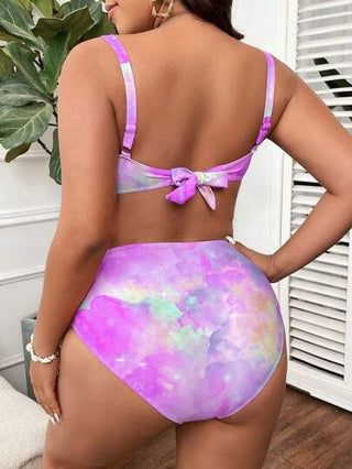 Swim Mod مجموعة بيكيني مكونة من قطعتين للسيدات البدينات، مع ملابس علوية كنزة مطبوع وأسفل أملس، حمالات قابلة للتعديل، حمالة صدر من السلك