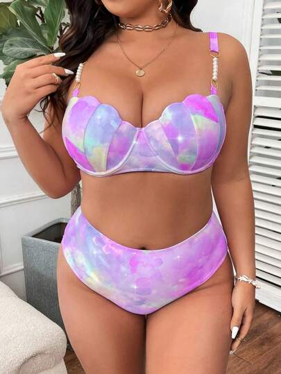 Swim Mod مجموعة بيكيني مكونة من قطعتين للسيدات البدينات، مع ملابس علوية كنزة مطبوع وأسفل أملس، حمالات قابلة للتعديل، حمالة صدر من السلك