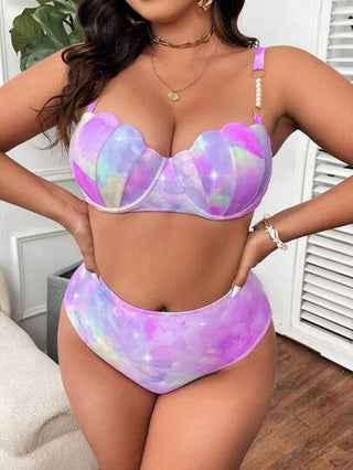 Swim Mod مجموعة بيكيني مكونة من قطعتين للسيدات البدينات، مع ملابس علوية كنزة مطبوع وأسفل أملس، حمالات قابلة للتعديل، حمالة صدر من السلك