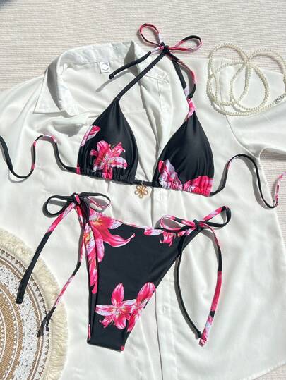 طقم تانكيني حريمي Swim Vcay مجموعة سباغيتي الفاتحة بدون ظهر مطبوعة بطبعات زهور للصيف والاصطياف، وشورت سباحة مربوط الجوانب، ملابس سباحة بيكيني مناسبة للشاطئ والعطلات