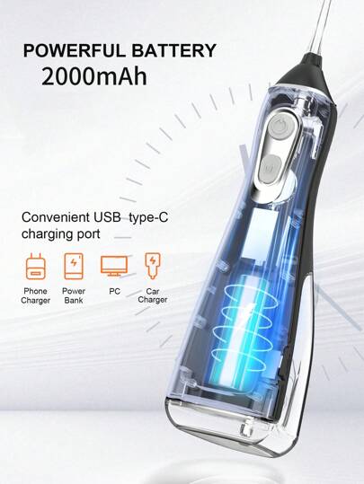آلة تنظيف الأسنان بالماء المحمولة قابلة للشحن عبر USB مقاومة للماء، وضع التنظيف اليدوي، 4 رشاشات