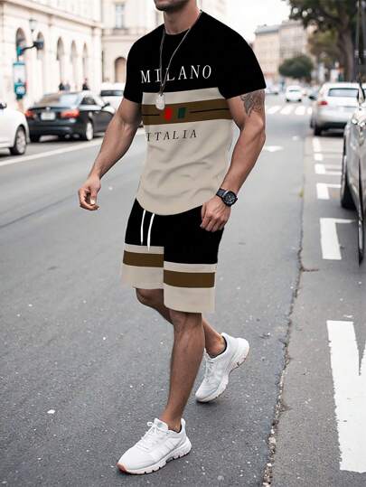 Manfinity Homme طقم تيشرت كاجوال وشورت رجالي مطبوع عليه حرف بألوان متضادة للصيف