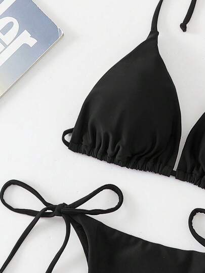 Swim طقم بكيني من قطعتين للنساء بتصميم بسيط بحمالات سكسي، بلون واحد