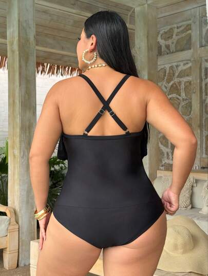 Swim Basics طقم بيكيني تانكيني رفرفة كشكش للنساء ذوات الحجم الكبير للصيف والشاطئ