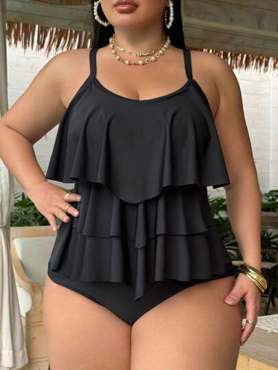 Swim Basics طقم بيكيني تانكيني رفرفة كشكش للنساء ذوات الحجم الكبير للصيف والشاطئ