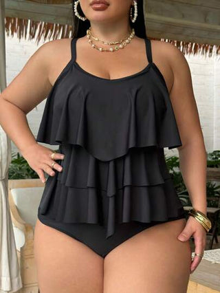 Swim Basics طقم بيكيني تانكيني رفرفة كشكش للنساء ذوات الحجم الكبير للصيف والشاطئ