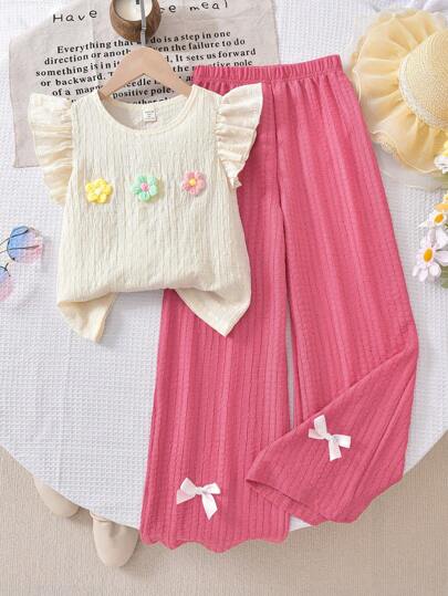 girls-sets قميص أبيكوت بأكمام متدلية مزين ب- 3 أزهار صغيرة، يُناسب مع بنطلون اصفر بخصر مطاطي كاجوال