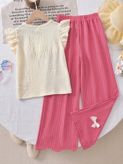 girls-sets قميص أبيكوت بأكمام متدلية مزين ب- 3 أزهار صغيرة، يُناسب مع بنطلون اصفر بخصر مطاطي كاجوال