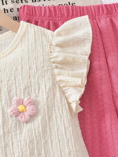 girls-sets قميص أبيكوت بأكمام متدلية مزين ب- 3 أزهار صغيرة، يُناسب مع بنطلون اصفر بخصر مطاطي كاجوال