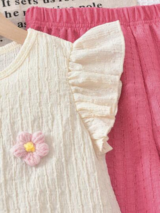 girls-sets قميص أبيكوت بأكمام متدلية مزين ب- 3 أزهار صغيرة، يُناسب مع بنطلون اصفر بخصر مطاطي كاجوال