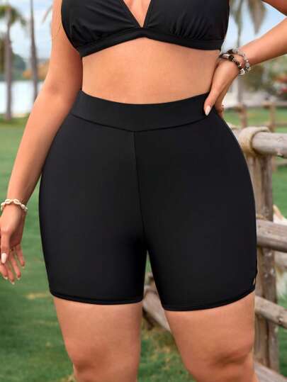Swim Lushoire شورت بكيني أسود أنيق للنساء ذوات الأحجام الكبيرة، رفع الجسم