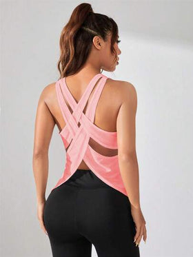 SHEIN Sports ملابس علوية رياضية للنساء بظهر مفتوح متقاطع باللون الأحادي، ملابس رياضية للنساء، ملابس نسائية، ملابس تمرين للنساء، ملابس رياضية