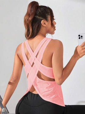 SHEIN Sports ملابس علوية رياضية للنساء بظهر مفتوح متقاطع باللون الأحادي، ملابس رياضية للنساء، ملابس نسائية، ملابس تمرين للنساء، ملابس رياضية