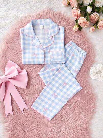 SHEIN مجموعة من قطعتين لفتيات المراهقات، بنطلون فضفاض طويل مطبوع بالكرز الجميل باللون المشمشي، وبلوزة كم قصير، ملابس منزلية كاجوال ومريحة