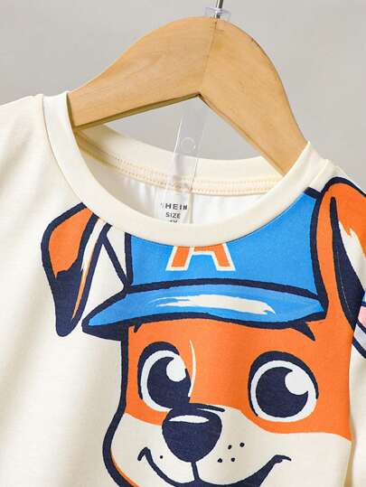 SHEIN طقم بيجاما لاطفال مكون من قطعتين: تي شيرت بأكمام قصيرة وطباعة صور جرو، وشورت، قطن مضفر، بتصميم بسيط للصيف