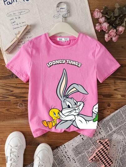 ملابس بناتي LOONEY TUNES X  قميص تي شيرت بياقة مستديرة وأكمام قصيرة بطباعة حروف وشخصيات كرتونية مناسب للبنات المراهقات