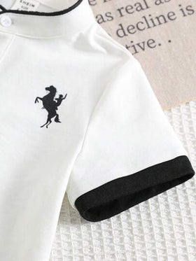 SHEIN مجموعة قميص بولو محبوك بياقة ماندرين وشورت منسوج من قطعتين للأطفال الصبيان ، مريحة وكاجوال ، مناسبة للربيع والصيف ، اليومية ، الرياضة ، النزهات ، الحفلات ، المناسبات ، التصوير الفوتوغرافي