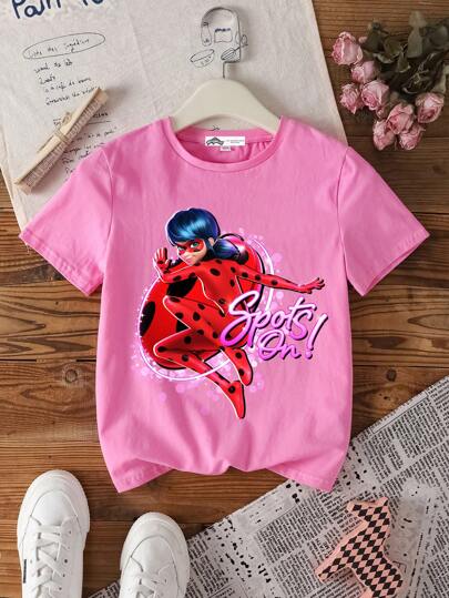 تيشيرتات بناتي Miraculous Ladybug X  قميص تي-شيرت بأكمام قصيرة وياقة مستديرة بطباعة أرقام وحروف للفتيات المراهقات