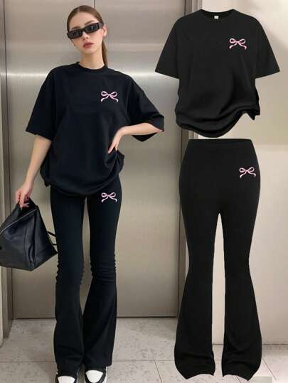 EZwear مجموعة بلوزة تي شيرت قصيرة الأكمام مطبوعة مع فيونكة وبنطلون رحب للنساء في الصيف ، مجموعة كاجوال