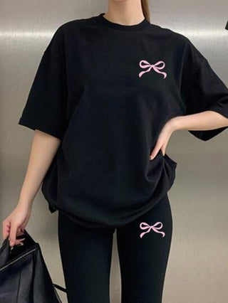 EZwear مجموعة بلوزة تي شيرت قصيرة الأكمام مطبوعة مع فيونكة وبنطلون رحب للنساء في الصيف ، مجموعة كاجوال