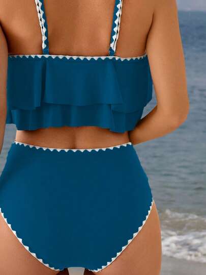 طقم تانكيني حريمي Swim Lushoire بكيني مزين بكشكشة وزهور من قطعتين ذو خصر عالي بتصميم مثلث رائع للاصطياف أثناء إجازة الربيع