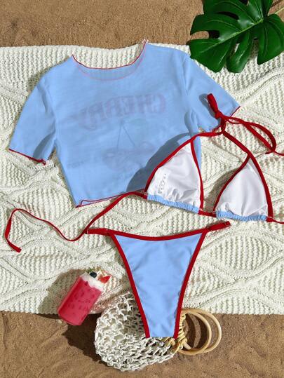 Swim Mod مجموعة بكيني نسائية مكونة من 3 قطع مزينة بالحرف ورسمة الكرز، مع أشرطة الكتف واللباس الداخلي، مع تونيك شبكي كغطاء، ملابس شاطئ صيفية للنساء
