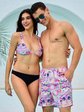 Manfinity VDAYZ شورت شاطئ رجالي مطبوع بالكامل مع جيوب وخصر ربطة، مناسب للصيف، هاواي